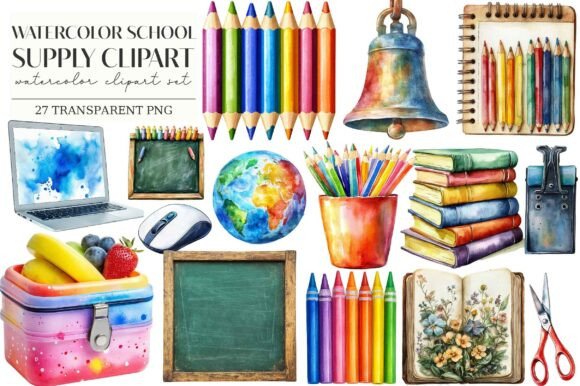 Download Watercolor School Supply Clipart - School supply Collection